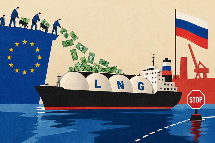 LNG Tanker aus Russland vor der EU-Küste und Euro-Scheine die ins Boot fallen (Collage)