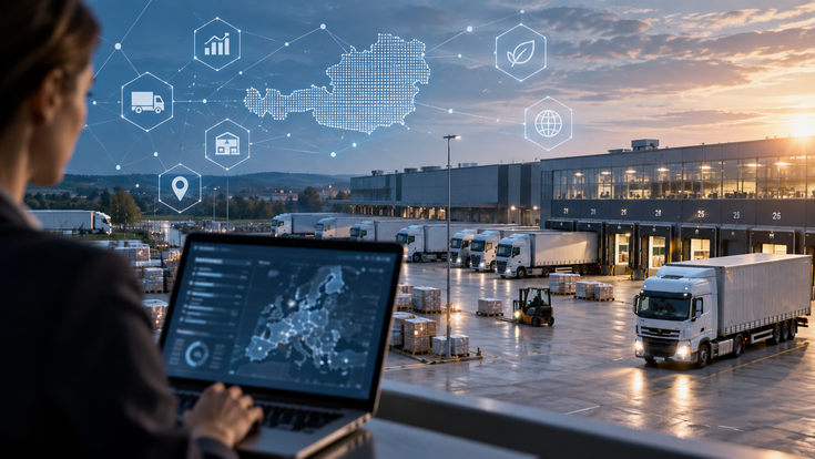 Logistikhub mit LKW und Frau vor Laptop