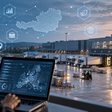 Logistikhub mit LKW und Frau vor Laptop