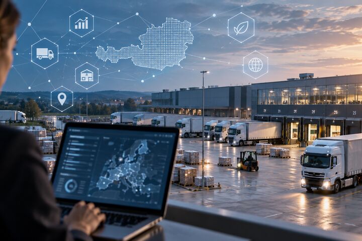 Logistikhub mit LKW und Frau vor Laptop