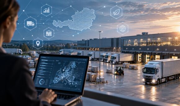 Logistikhub mit LKW und Frau vor Laptop