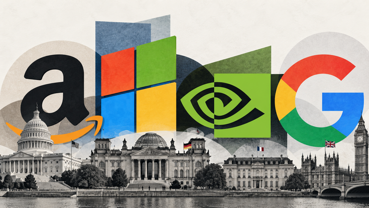 Logos der großen Tech-Unternehmen schweben über den Regierungssitz der Welt