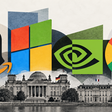 Logos der großen Tech-Unternehmen schweben über den Regierungssitz der Welt