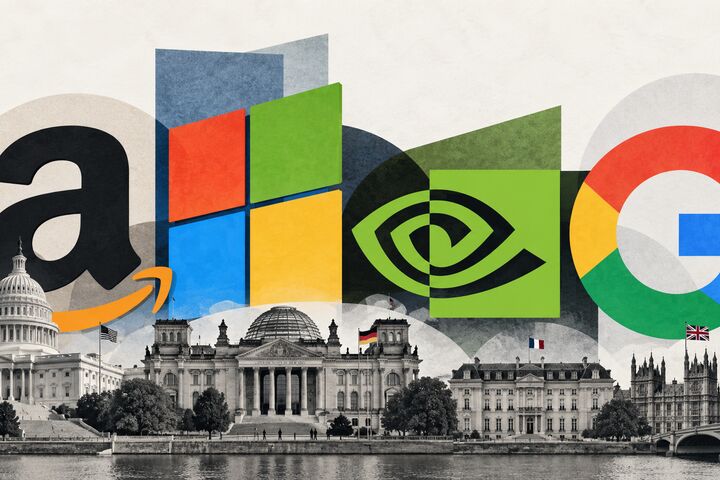 Logos der großen Tech-Unternehmen schweben über den Regierungssitz der Welt