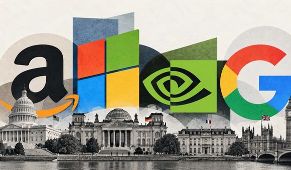 Logos der großen Tech-Unternehmen schweben über den Regierungssitz der Welt