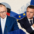Merz und Macron vor den Flaggen ihrer Länder und der EU-Fahne