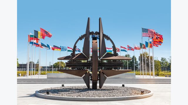 BRUSSELS, BELGIUM - May 13, 2019: Nato star sculpture in Brussels. NATO Headquarters - Political and Administrative Center for the North Atlantic Alliance