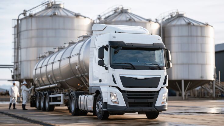 A white tanker truck waits at an industrial facility beside storage silos as workers inspect equipment.