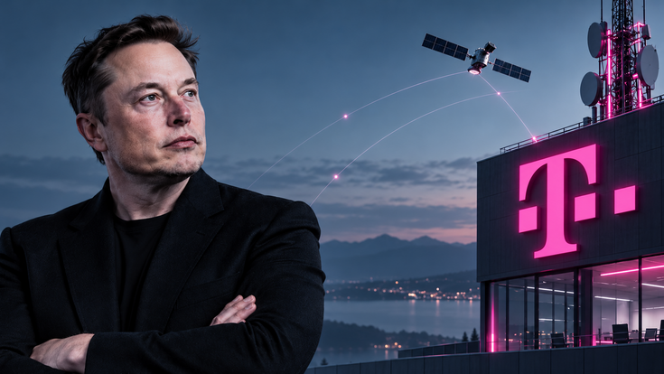 Elon Musk vor Telekom Turm bei Nacht
